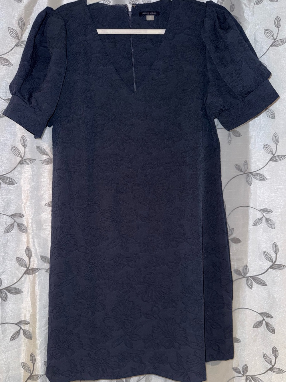 Tommy Hilfiger Navy Textured V-Neck Puff Sleeve Midi Dress with Floral Jacquard